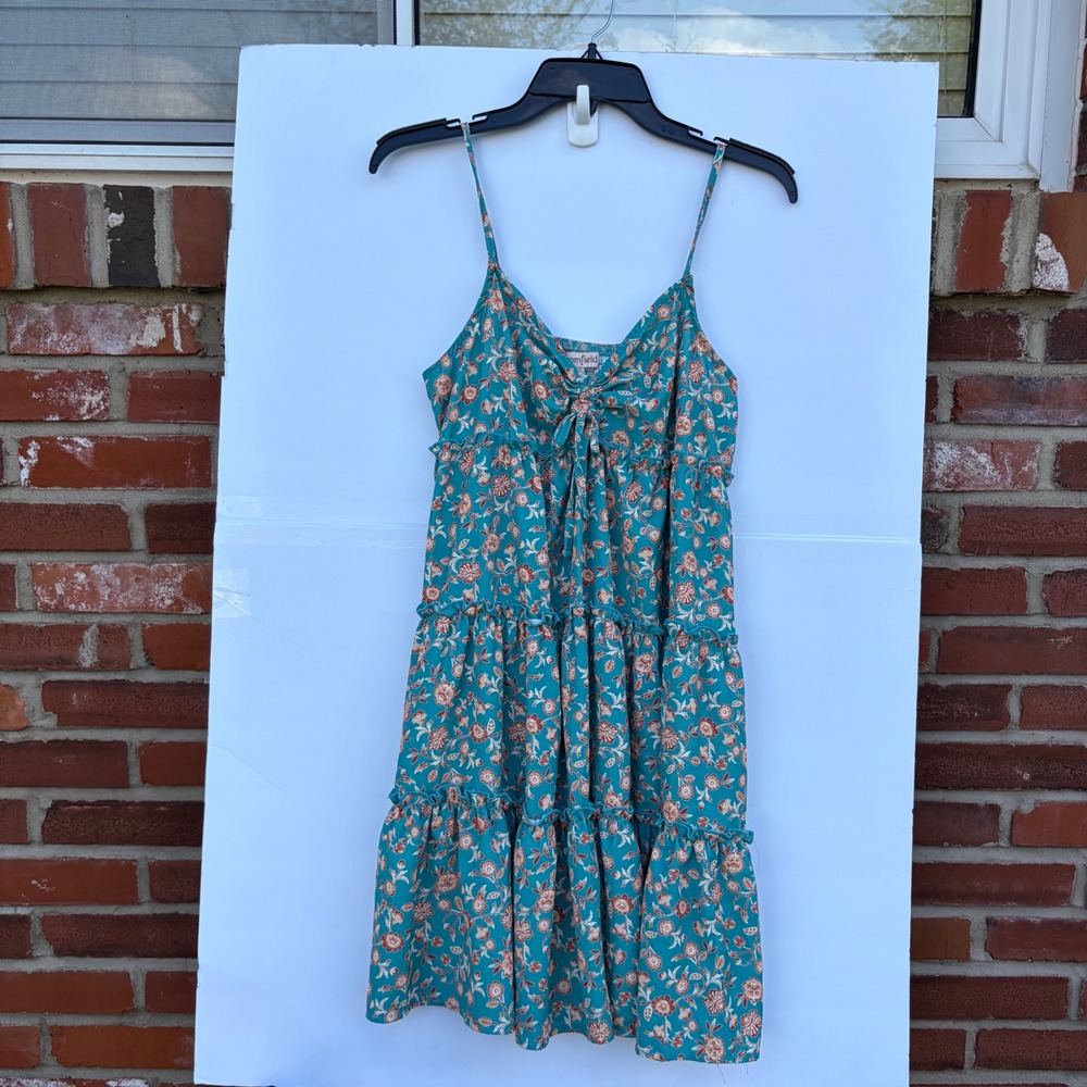 Bloomfield Teal Floral Tiered Mini Dress XL Blue Boho Smocked Back Tie Front